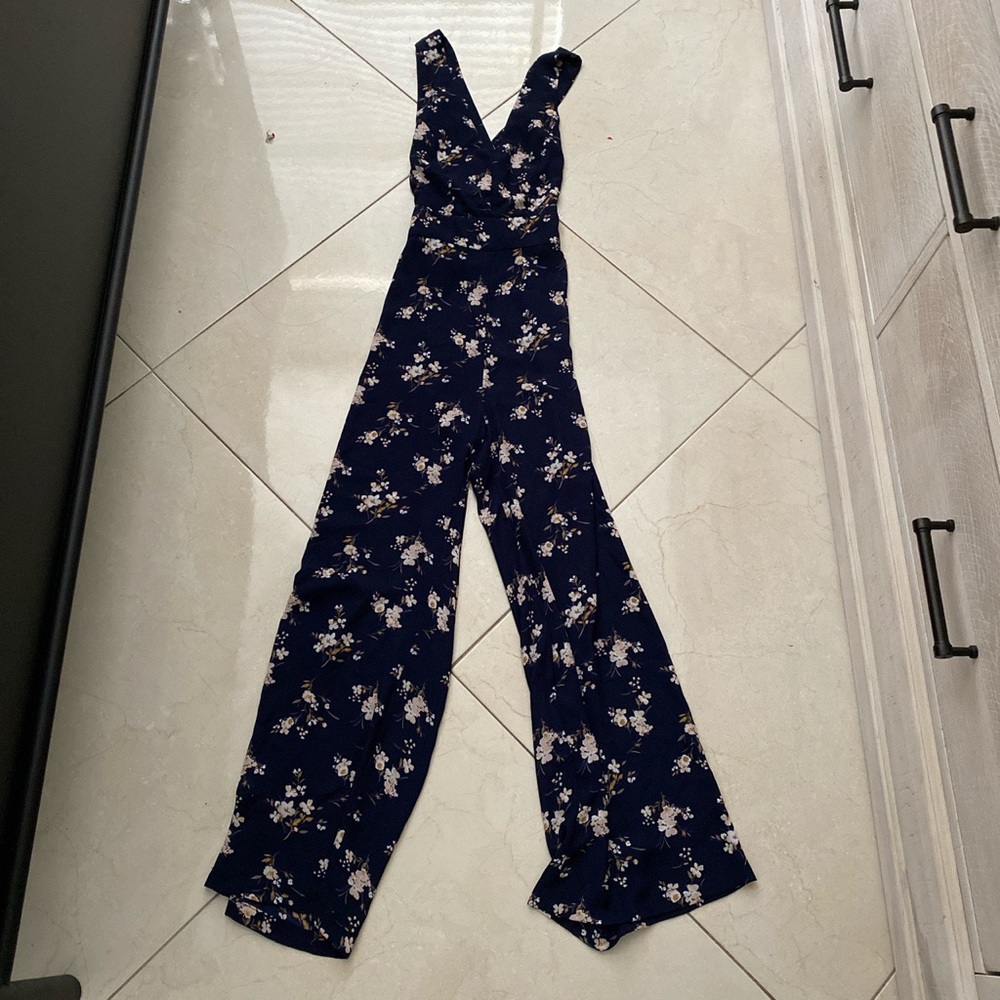 Bloomingdales Olivaceous navy blue floral jumpsuit